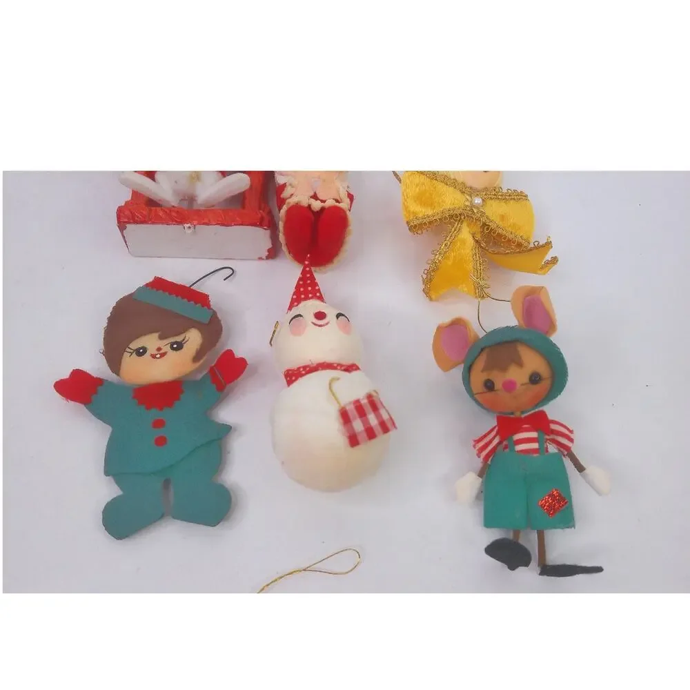 Vintage MCM Kitsch Christmas Ornament Lot Japan Felt Mouse Angel Santa Set of 8
